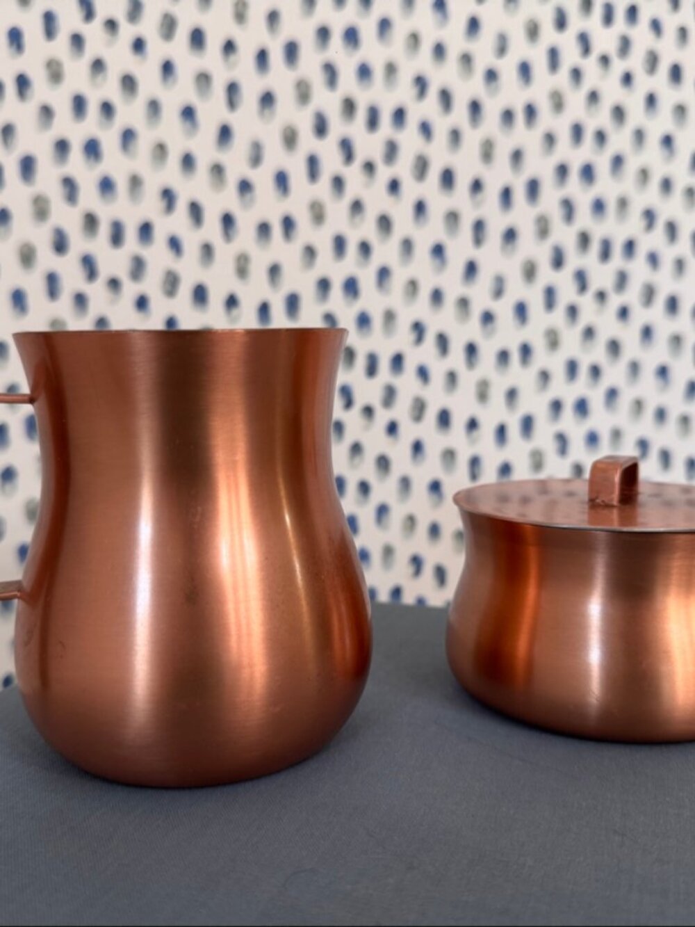 Modern Copper Creamer and Lidded Sugar Bowl Set with Spoon